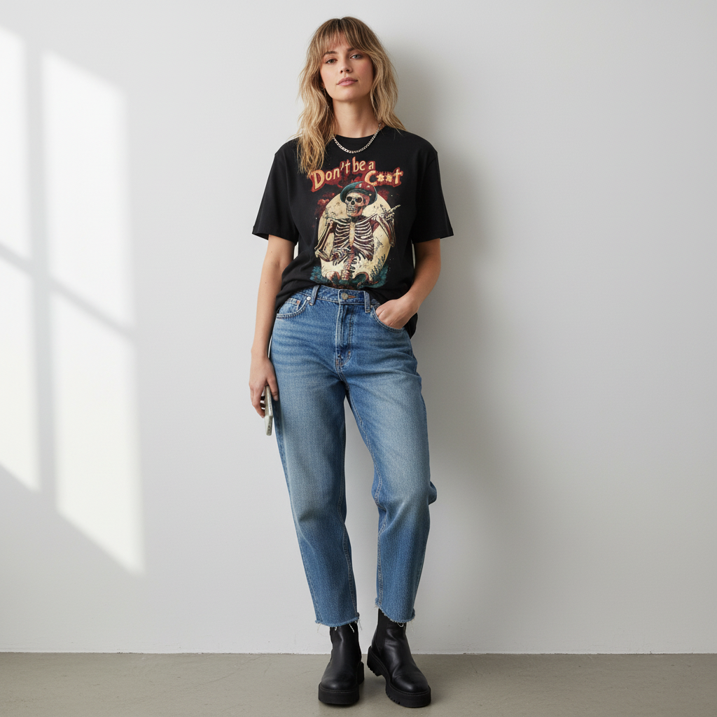 90s indie style with minimalist white wall