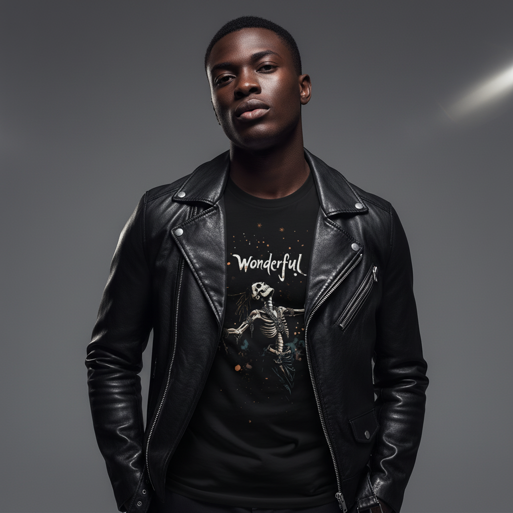 African descent male model in leather jacket and Wonderful t-shirt