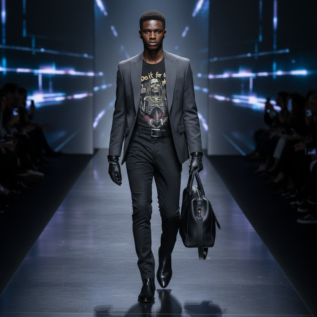 African descent male model in tailored blazer runway look