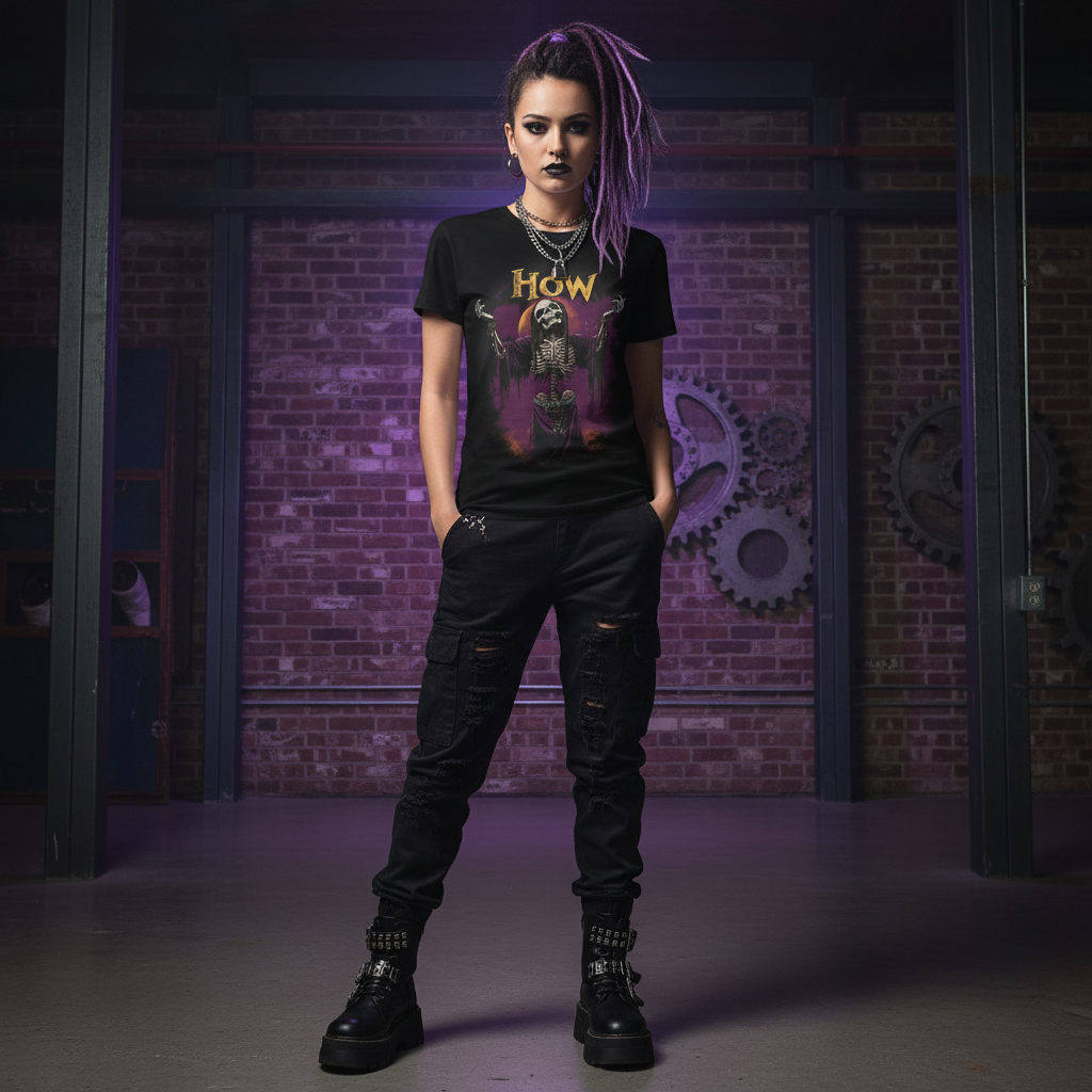 Alternative urban female with industrial background and purple lighting