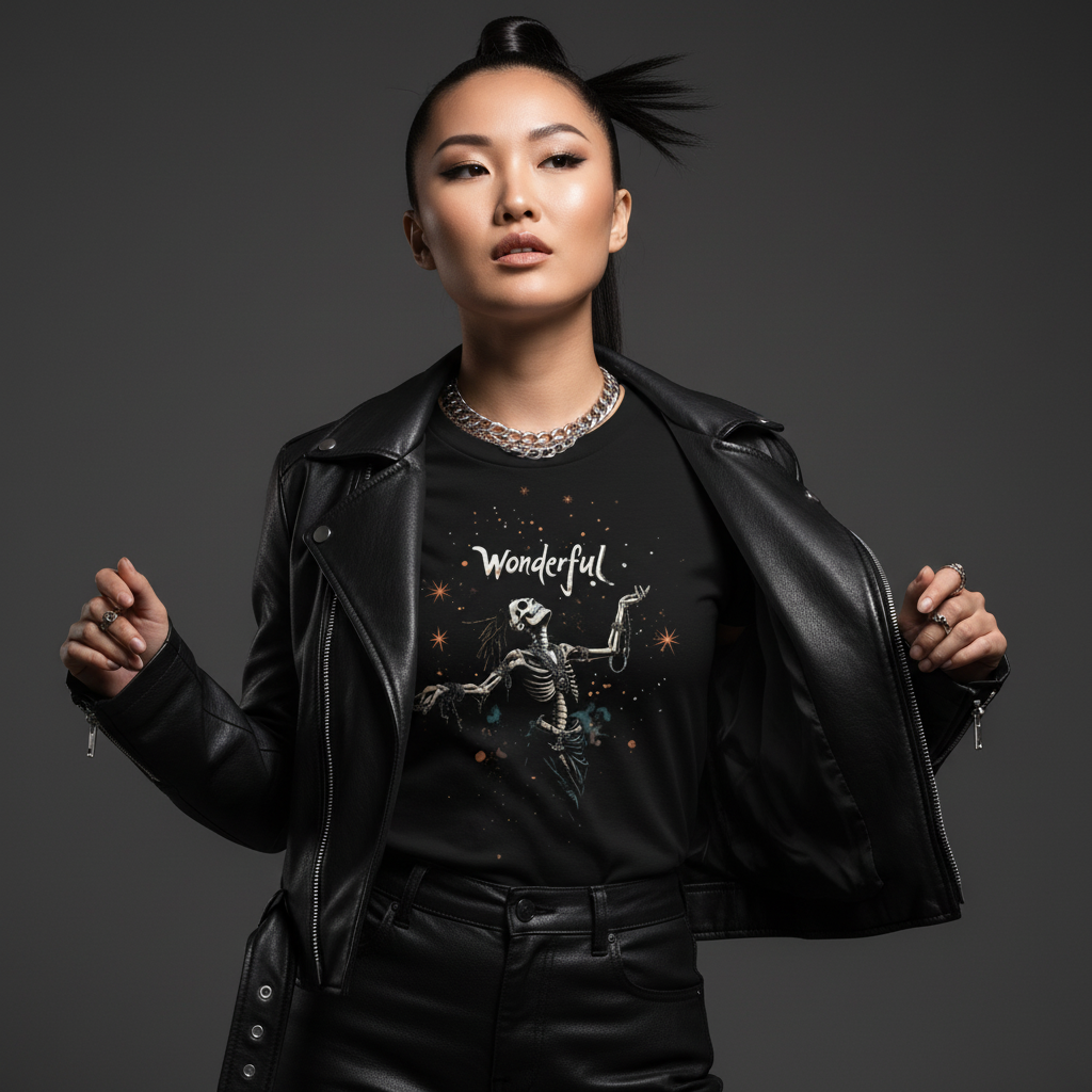 Asian descent female model in leather jacket and Wonderful t-shirt