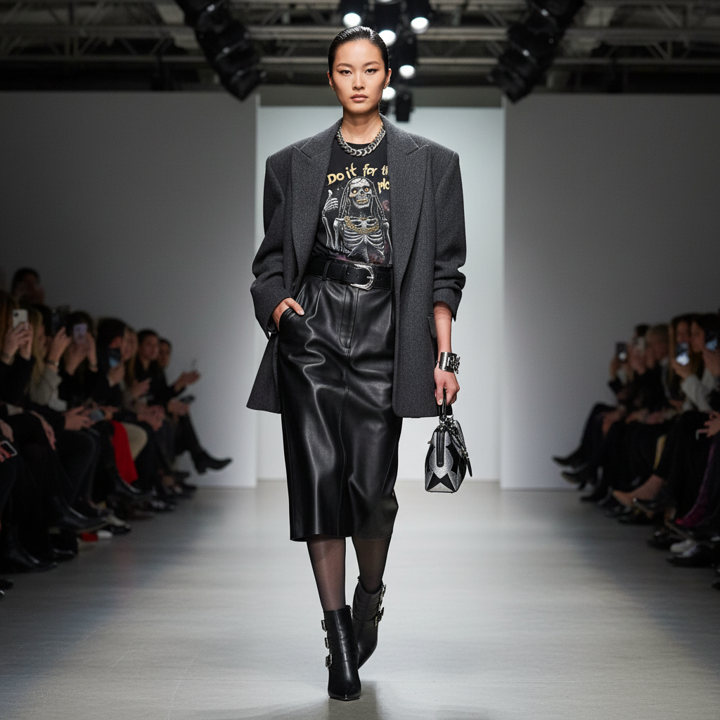 Asian descent female model in oversized blazer runway look