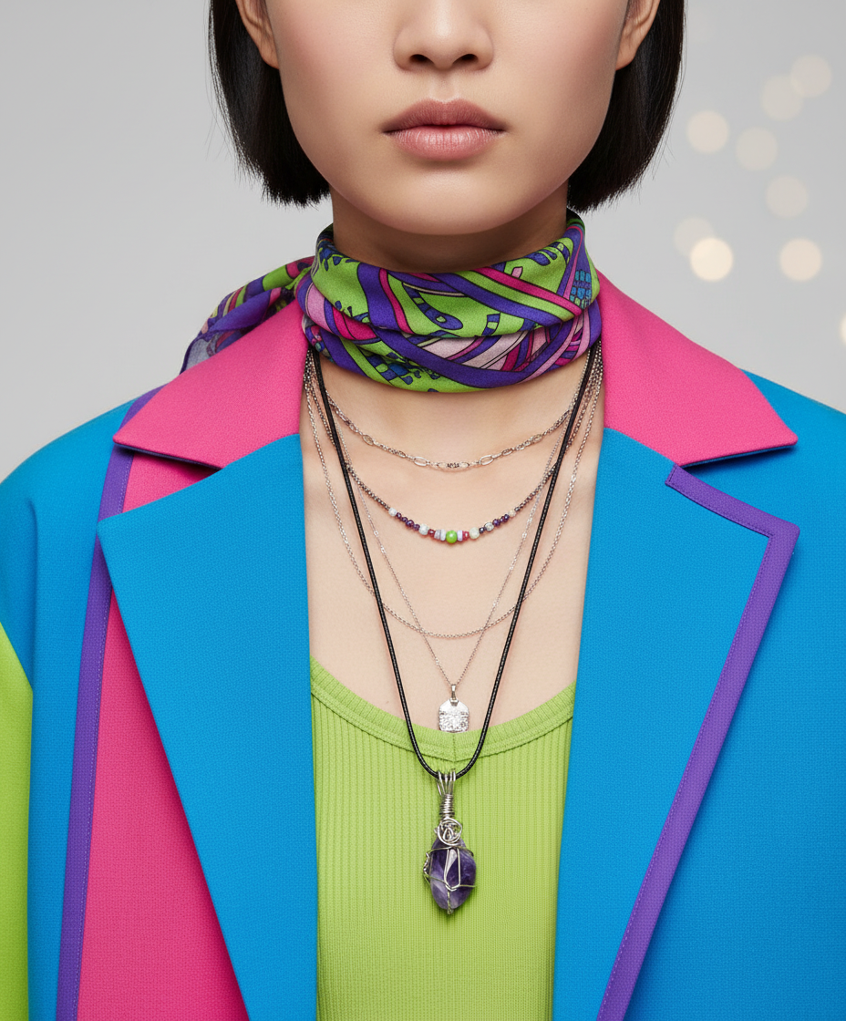 Asian female model studio long black cord layers