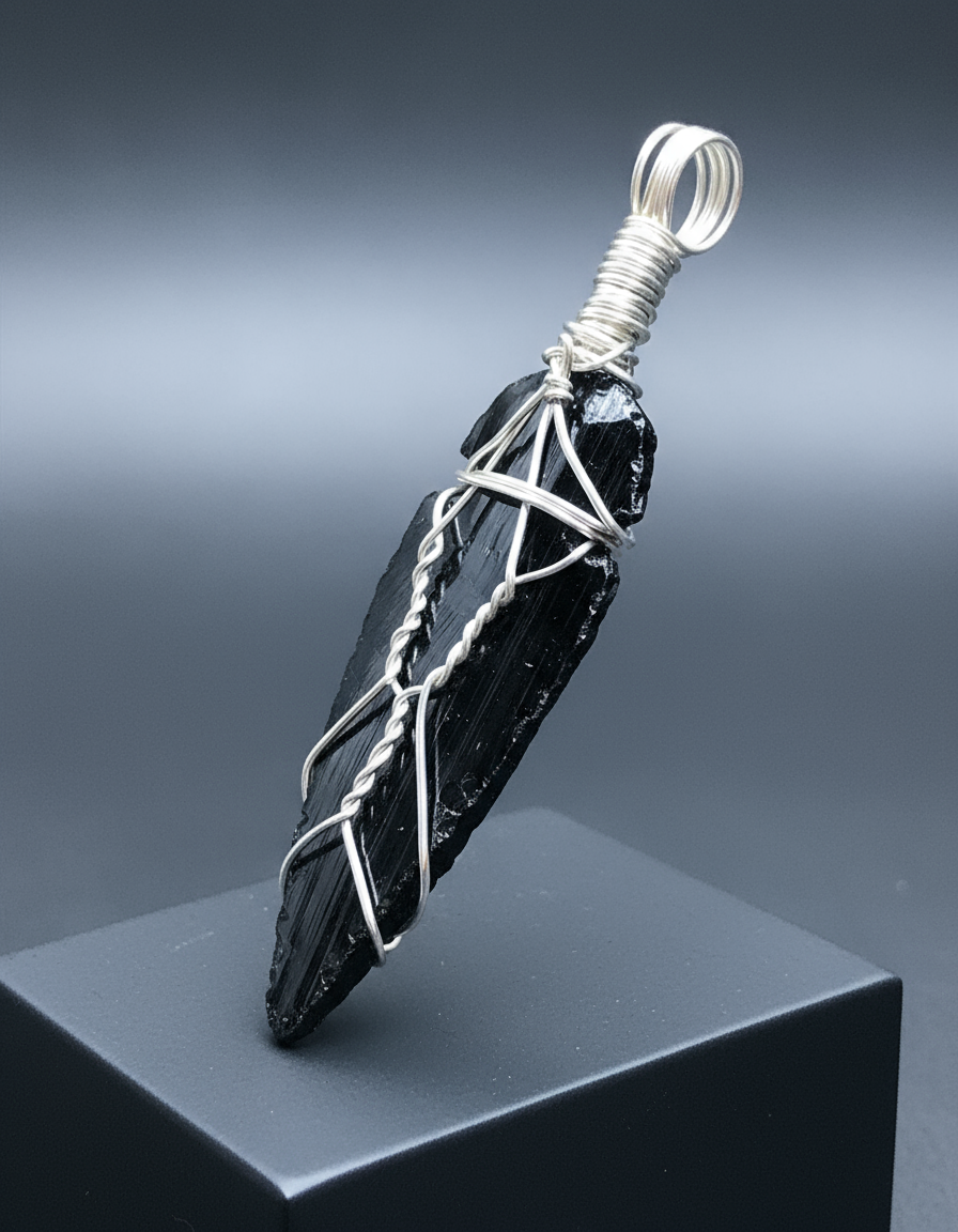 Black Tourmaline Pendant - Gunmetal Grey