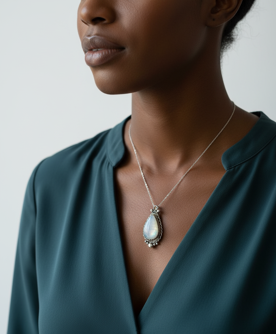 Black woman wearing Aura Collection - Sacral Silver Pendant