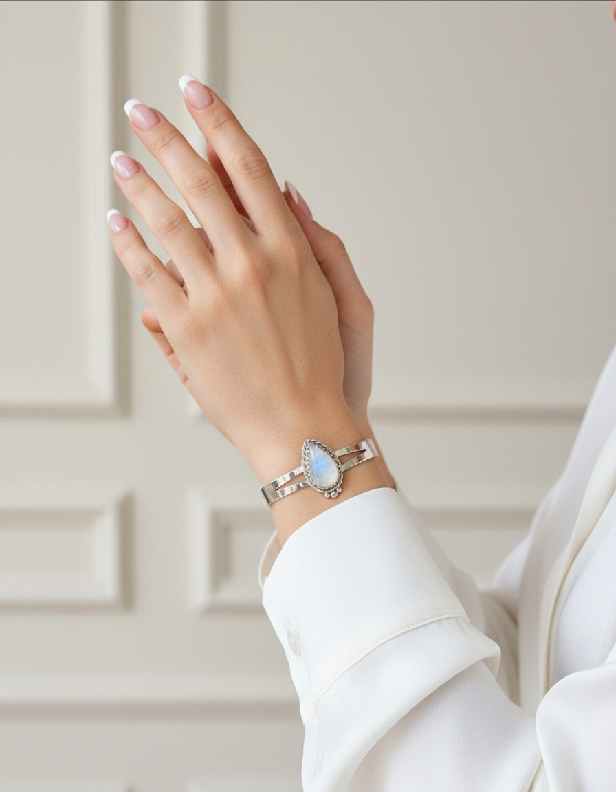 Classic elegant jewelry photo with smaller bracelet, French manicure, and clean styling