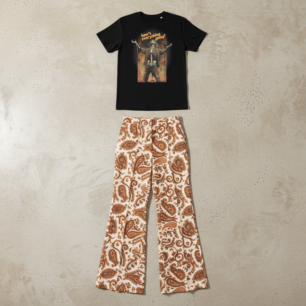 Complete outfit flat lay with paisley trousers
