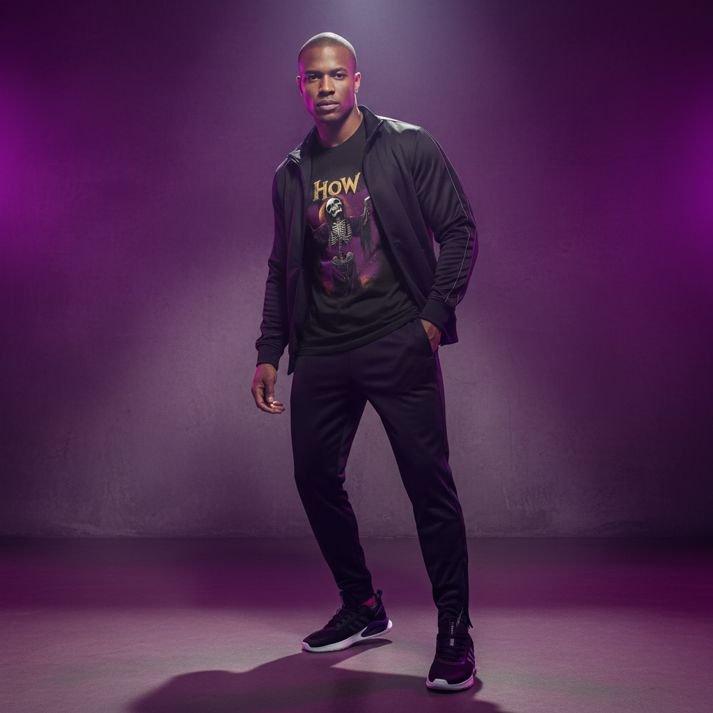 Diverse male model in black tracksuit with purple studio lighting