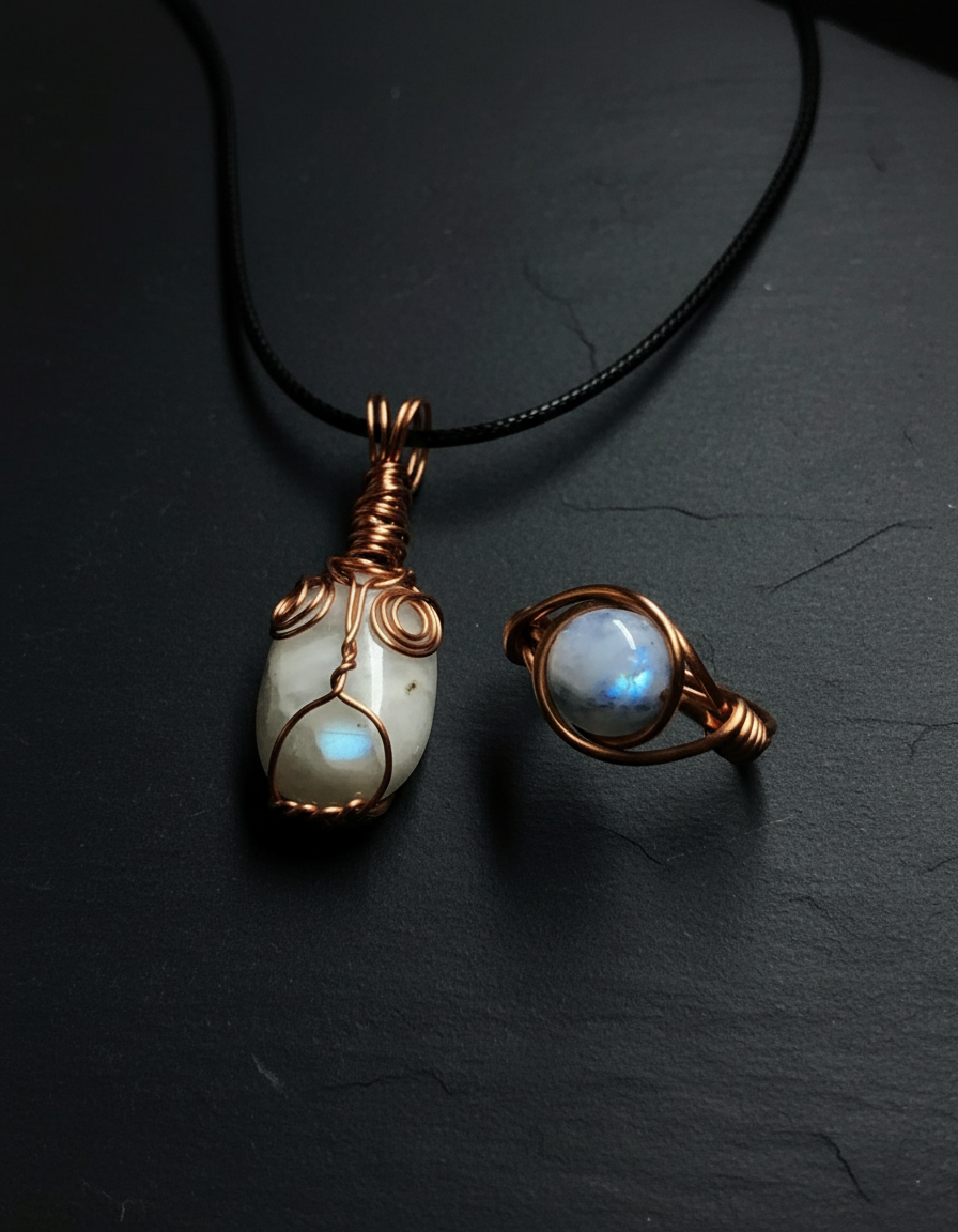 Dramatic moody lighting emphasizing moonstone glow