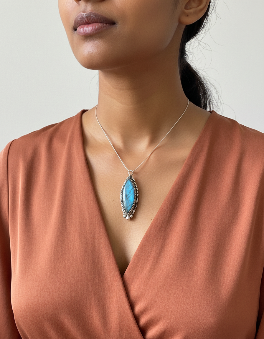 Elegant jewelry photo of Crown Silver Pendant with Asian/South Indian model