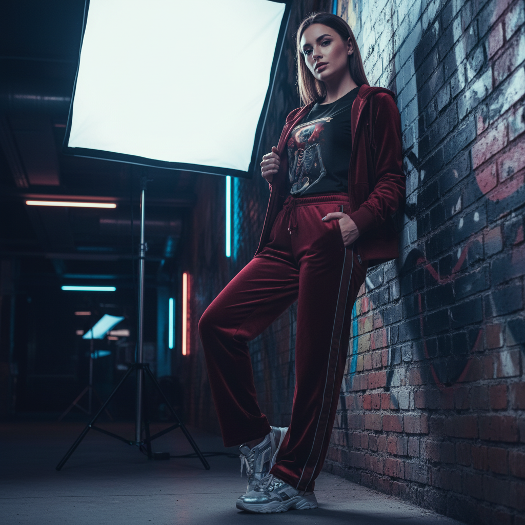 Female model in burgundy velvet tracksuit