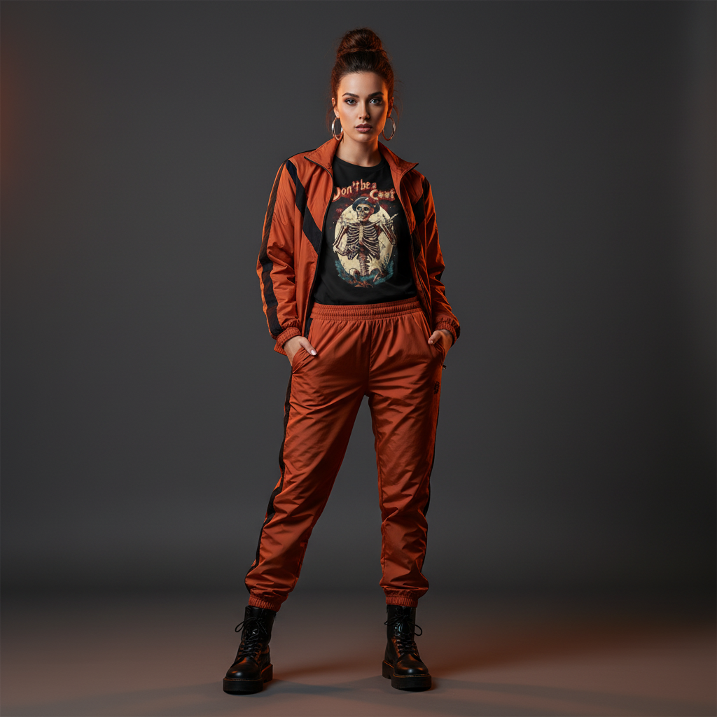 Female model in burnt orange and black tracksuit with warm lighting