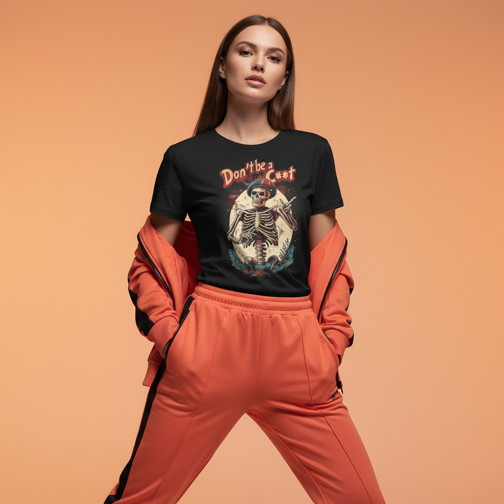 Female model in coral orange and black tracksuit with soft backlighting