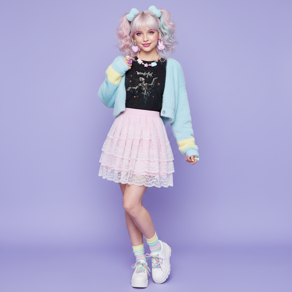 Female model in cute girl styling with Wonderful t-shirt