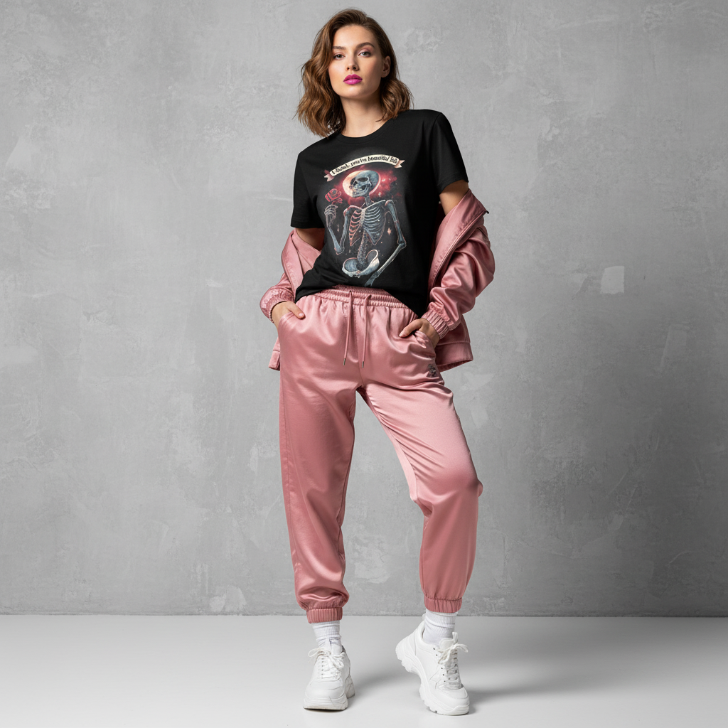 Female model in dusty pink satin tracksuit
