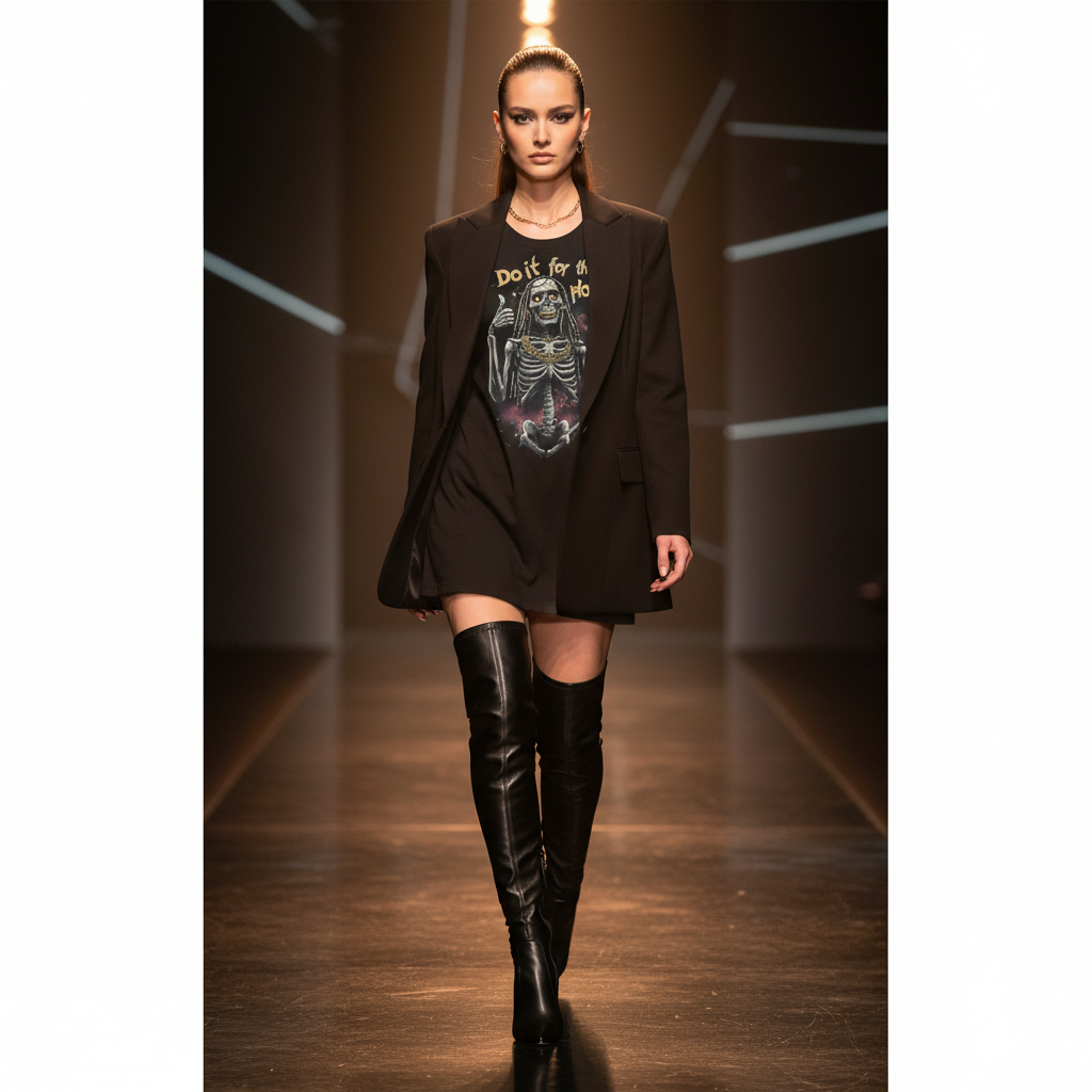 Female model in elegant blazer dress with thigh-high boots