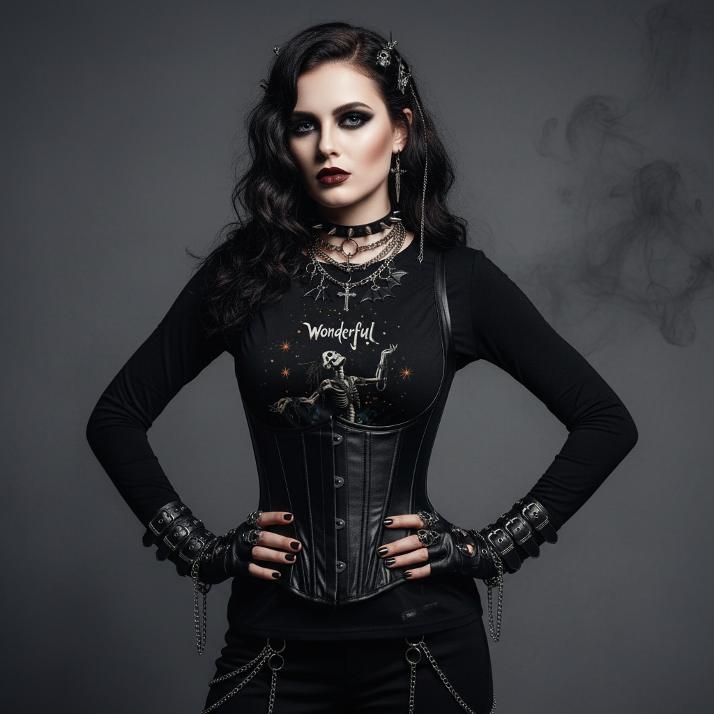 Female model in gothic styling with Wonderful t-shirt