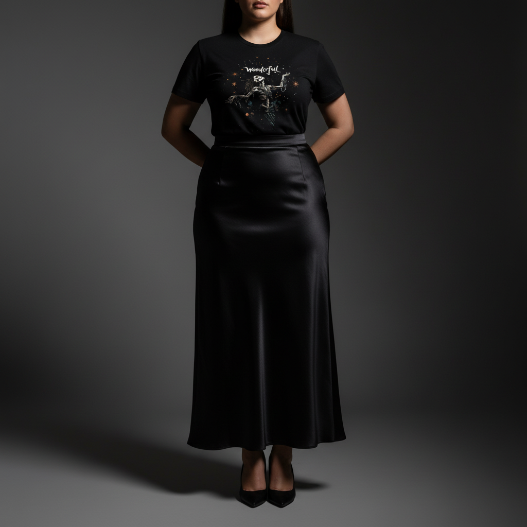 Full body studio shot with shiny silk satin skirt