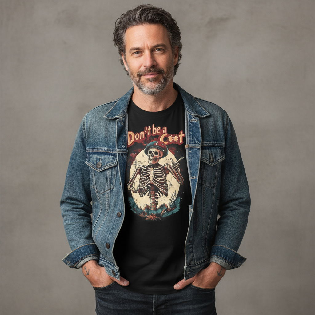 Gen X male with vintage denim and neutral background