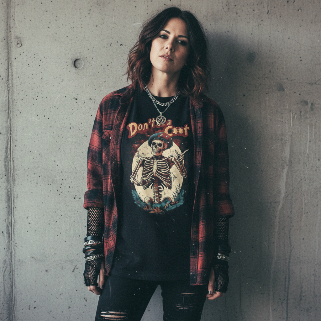 Grunge-inspired Gen X woman with layered styling