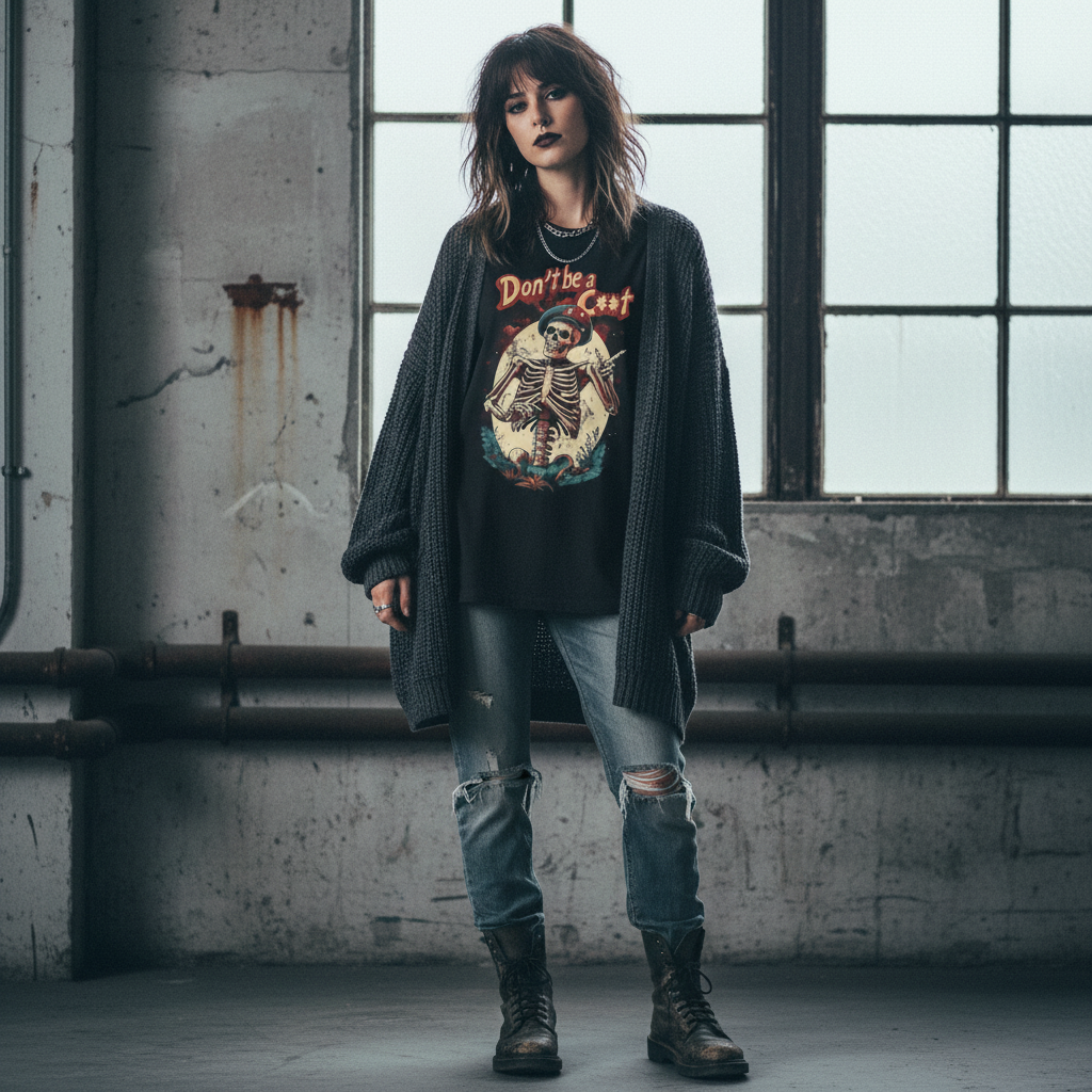 Grunge-inspired with cardigan and industrial background