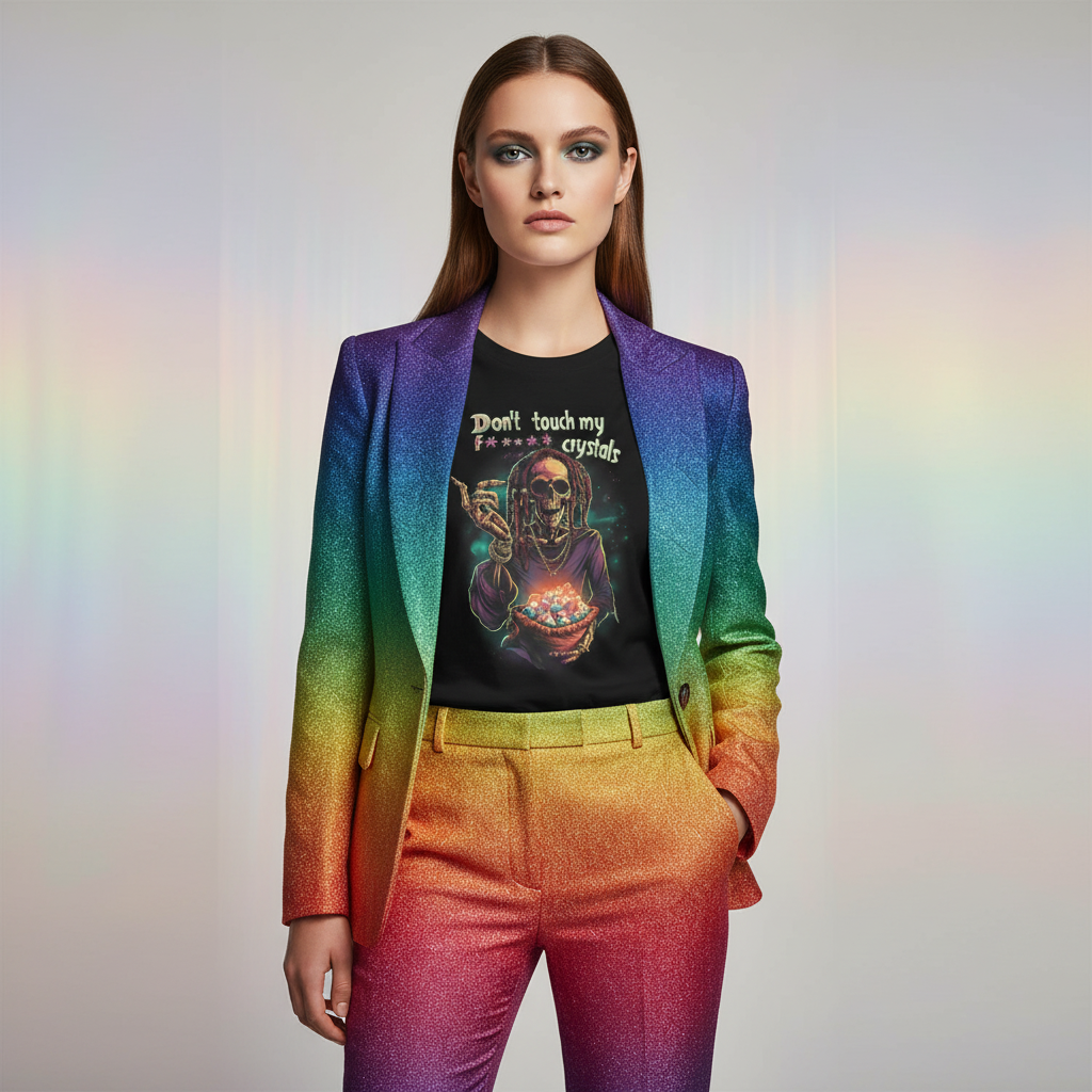 High fashion model in vibrant rainbow gradient suit