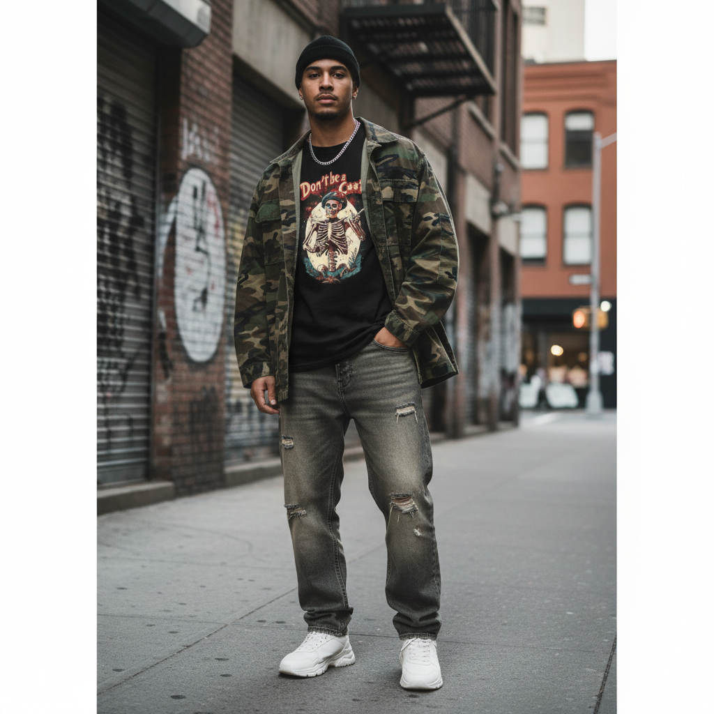Hip-hop streetwear influence with urban backdrop