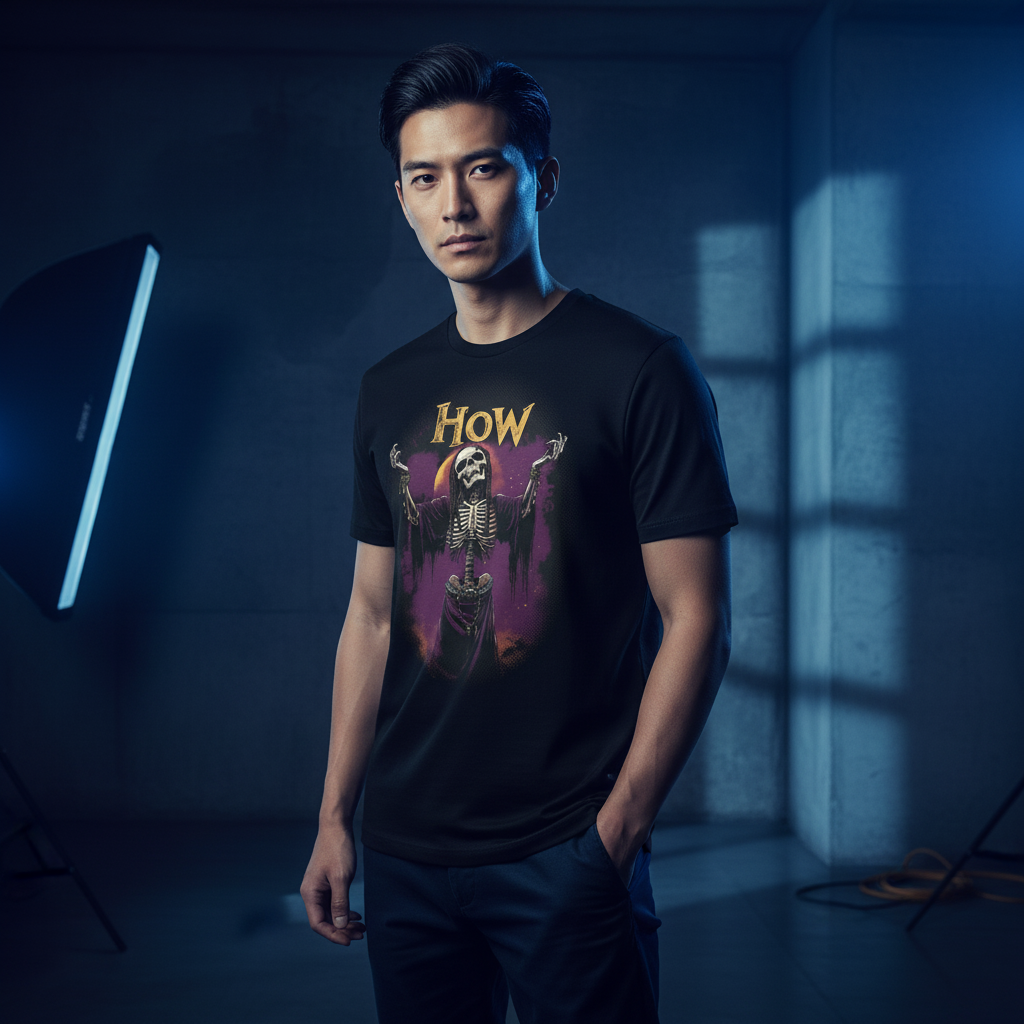 Japanese male model with cool blue lighting tones and dramatic shadows