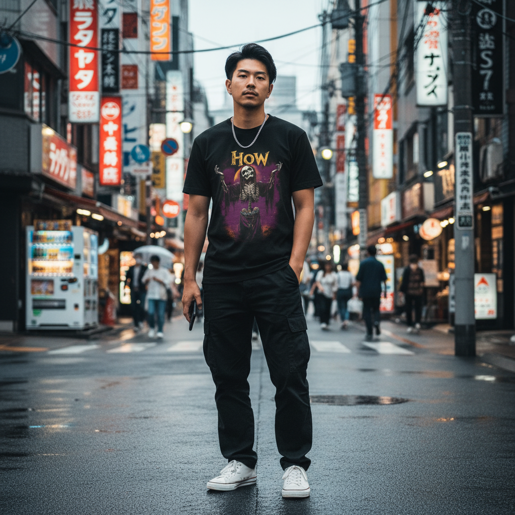 Japanese streetwear male with realistic urban backdrop and effortless pose