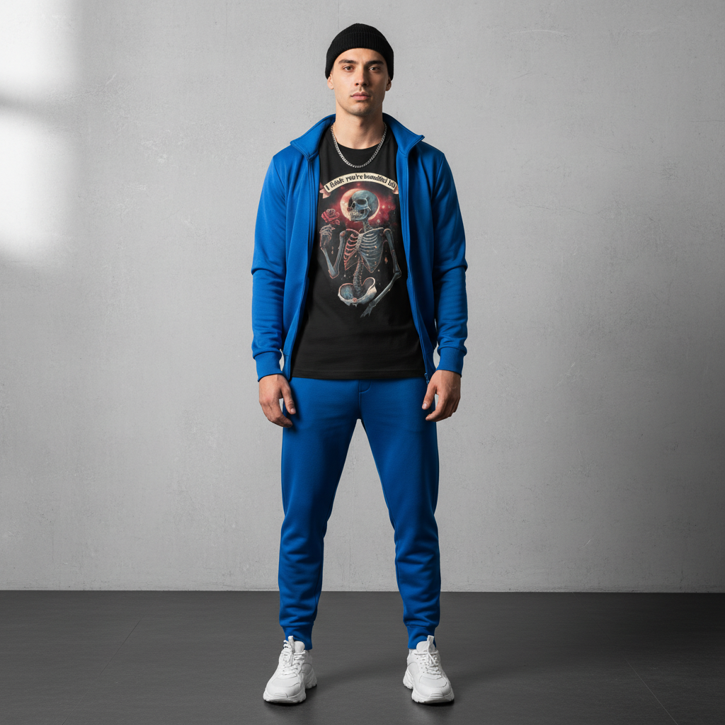 Male model in blue tracksuit with beautiful bih t-shirt