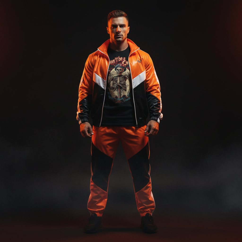 Male model in bright orange and black tracksuit with orange lighting