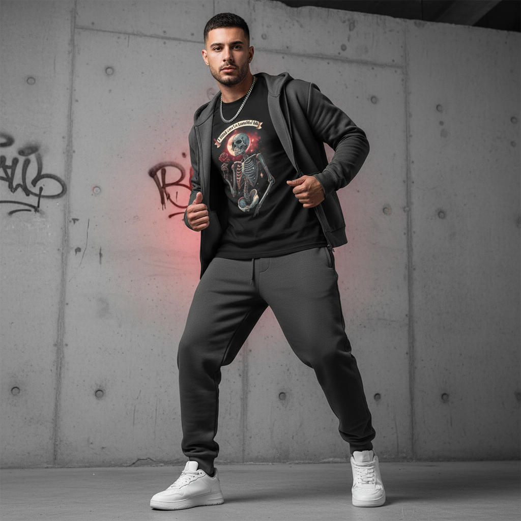 Male model in charcoal grey premium tracksuit