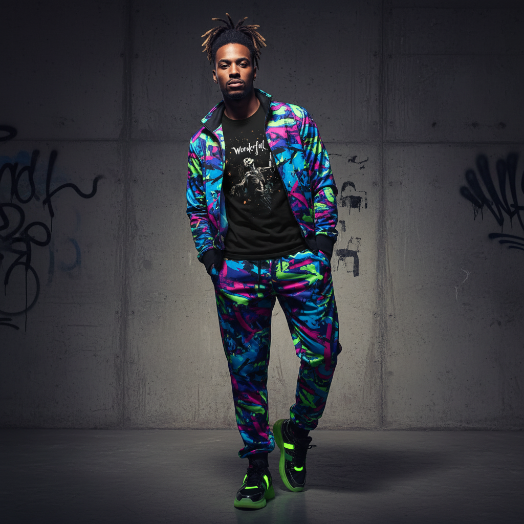 Male model in colorful tracksuit with Wonderful t-shirt