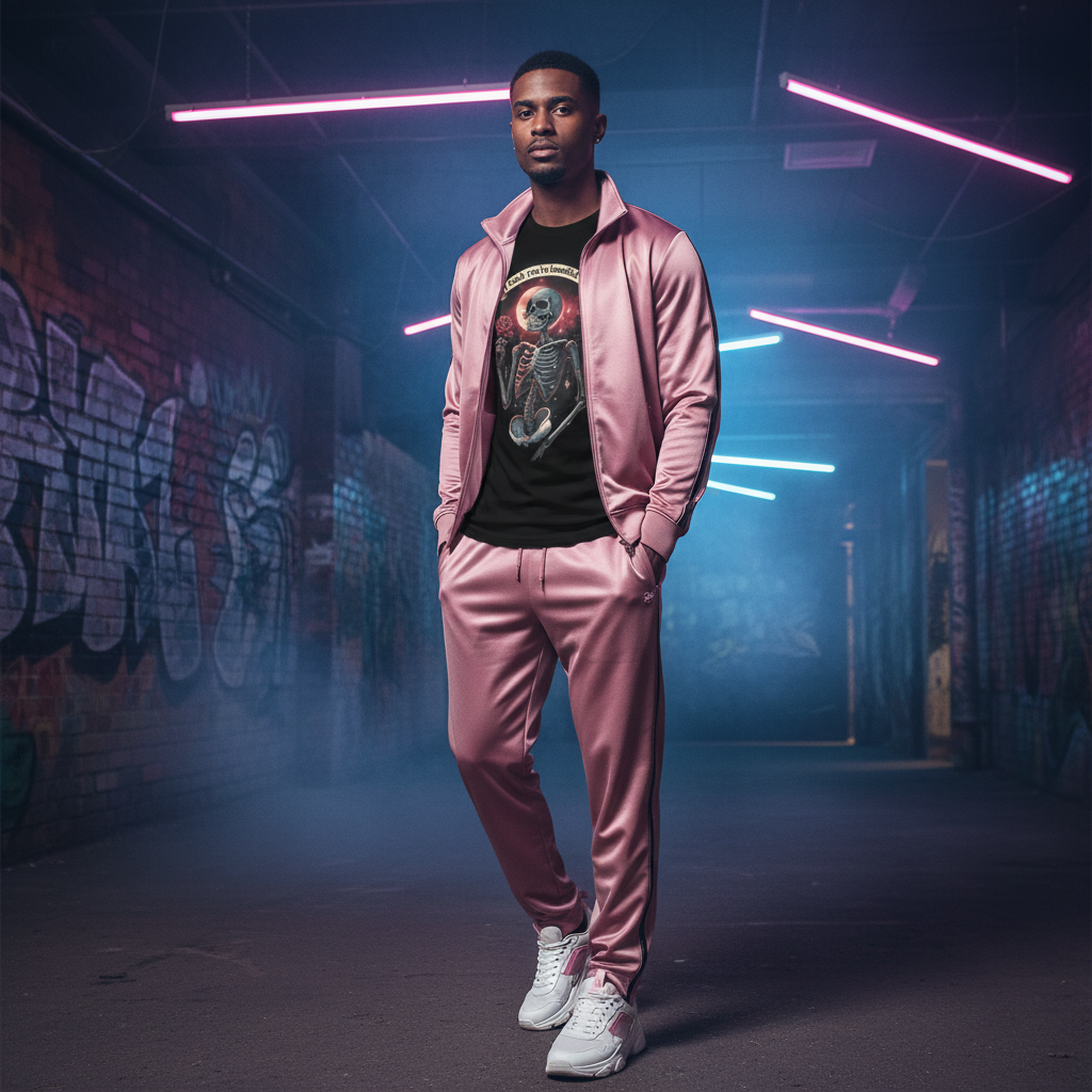 Male model in dusty pink satin tracksuit
