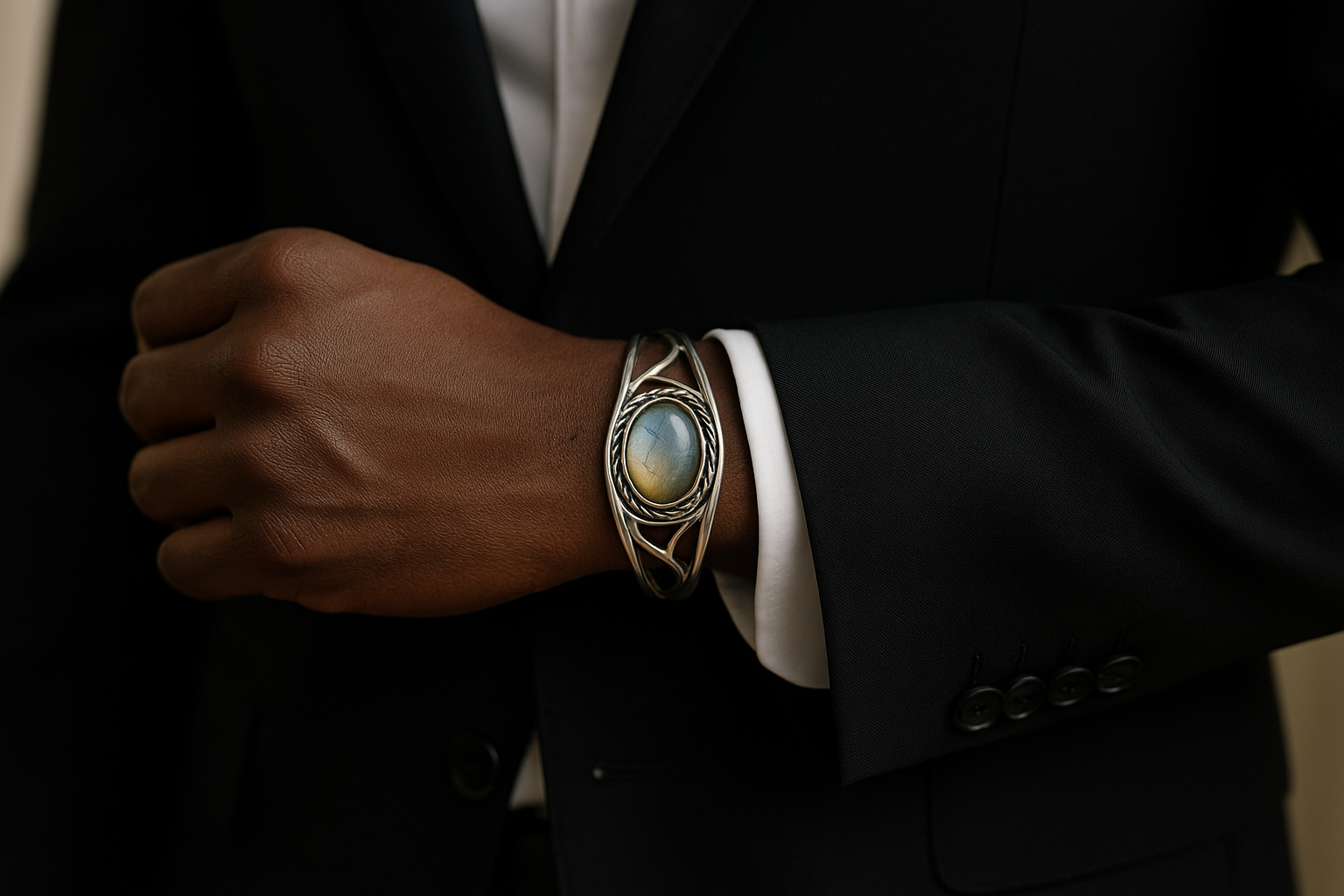 Man in black suit wearing the sterling silver bracelet