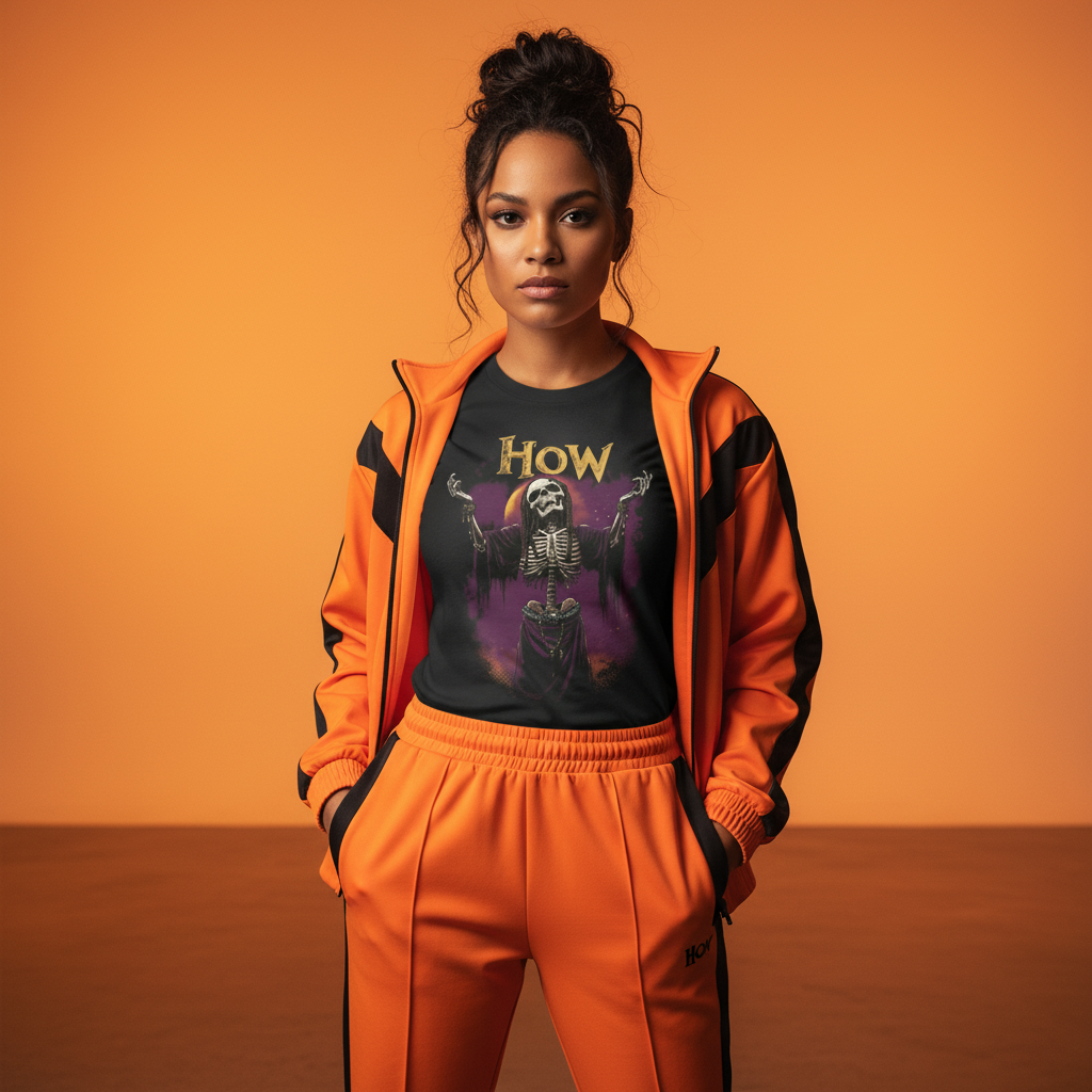 Mixed race female model in orange/black tracksuit with warm orange background