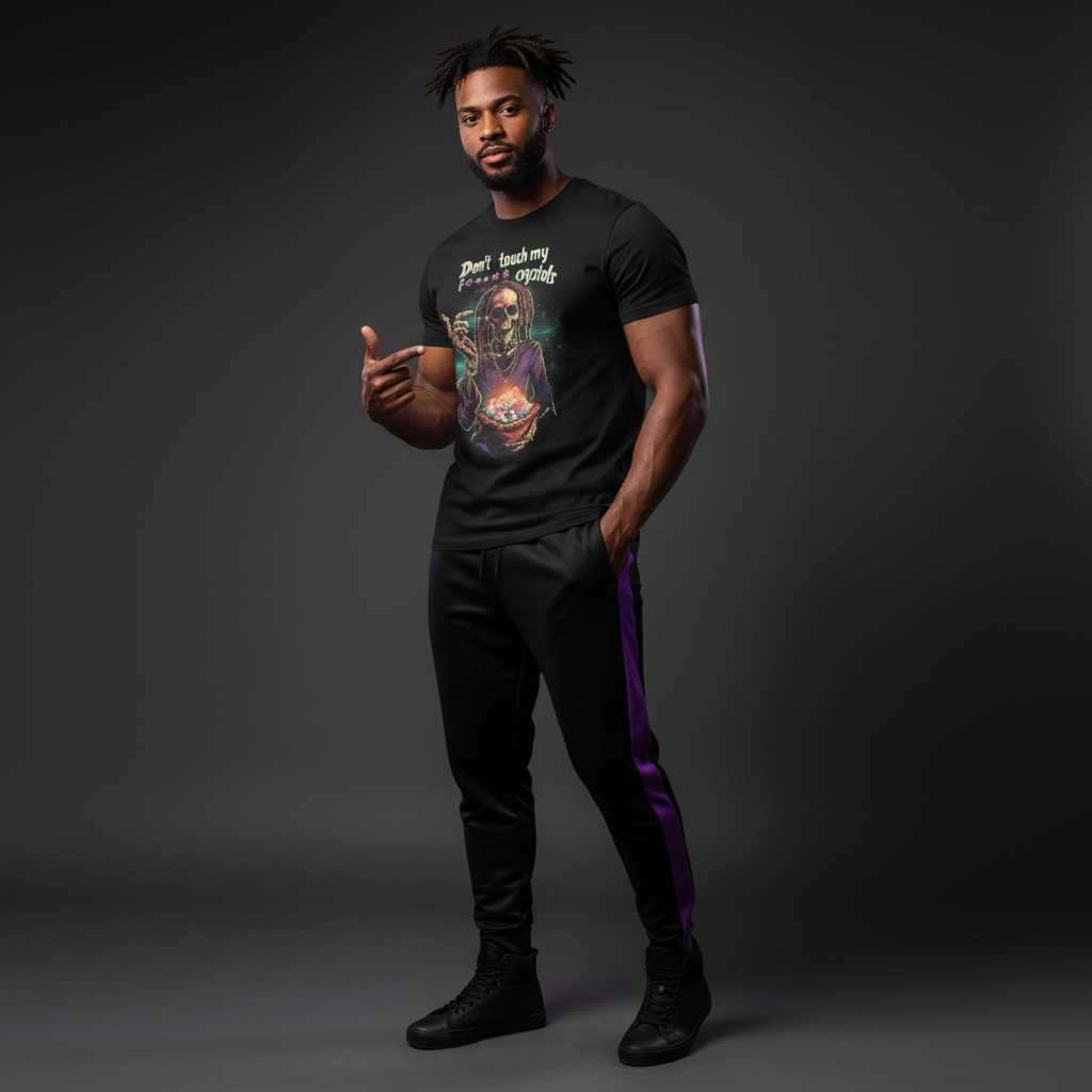 Mixed race male model with black tracksuit bottoms with purple stripes