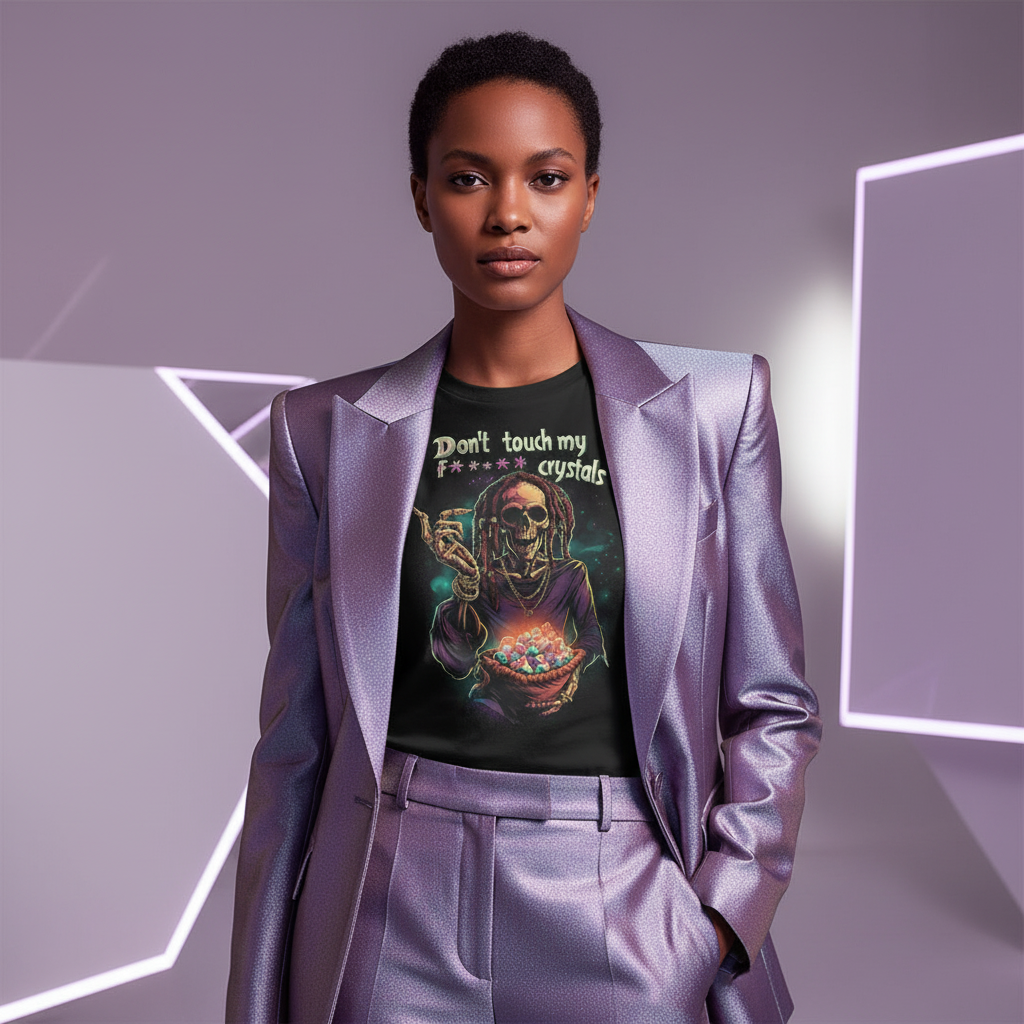 Model in prismatic silver and purple high fashion suit