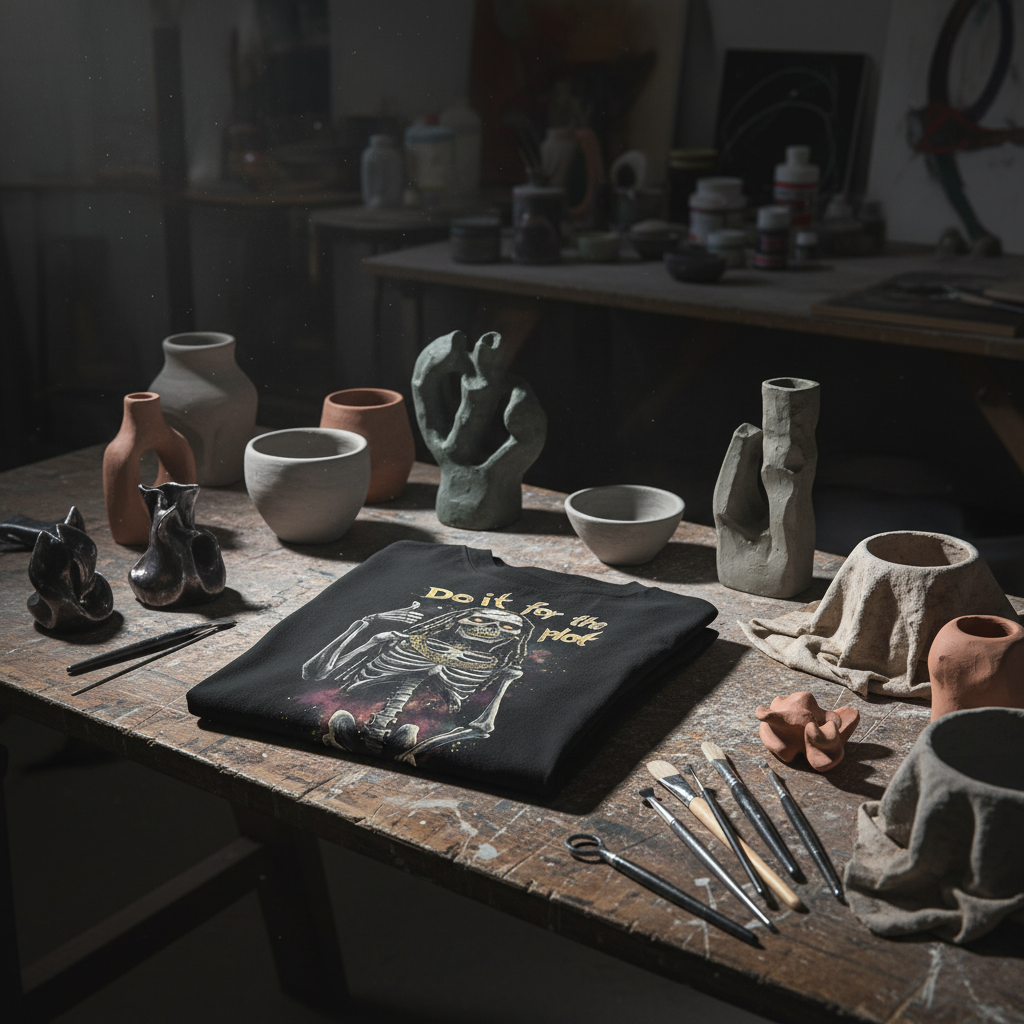 Modern sculptures and ceramic pieces with dramatic spotlight