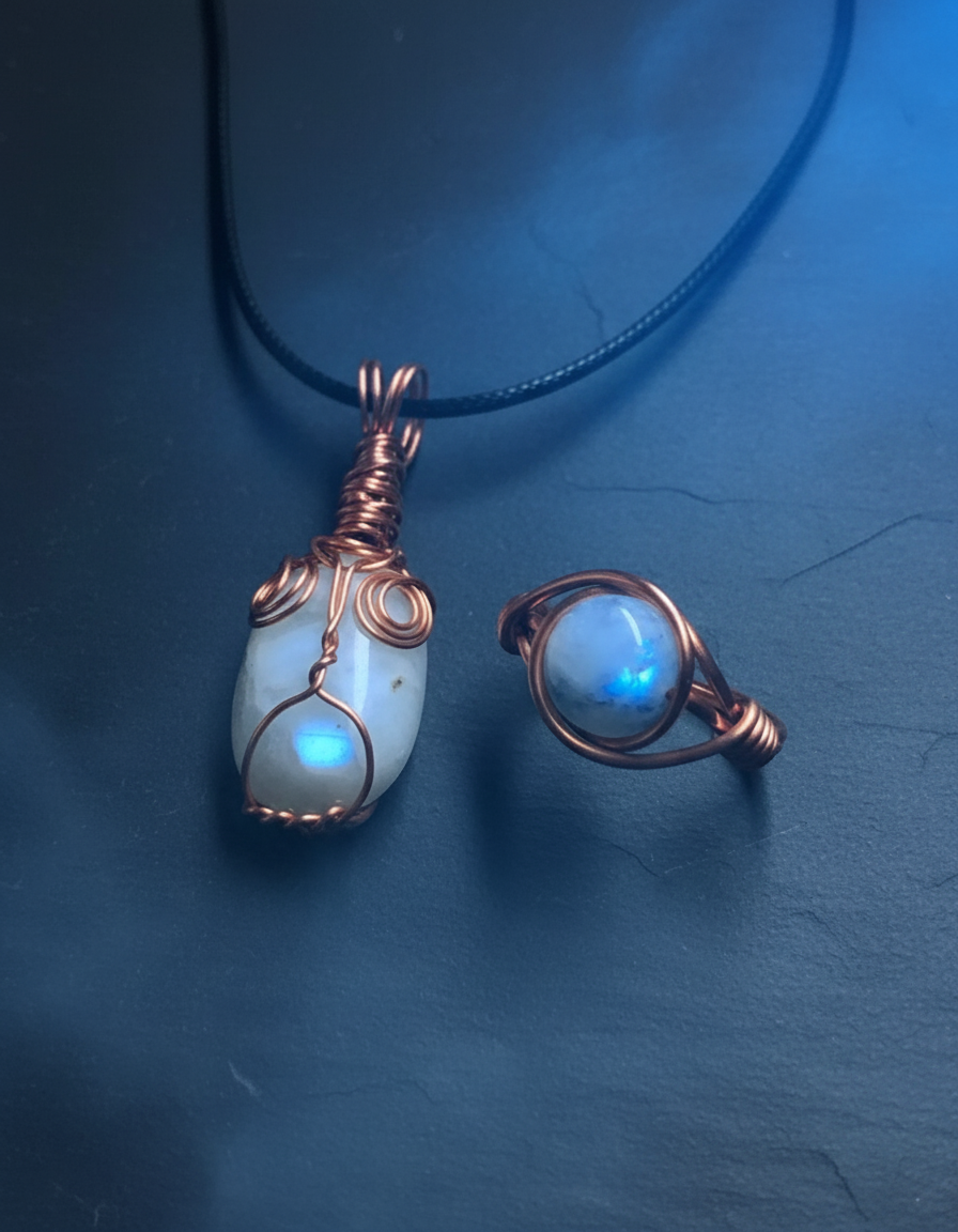 Mystical lighting with blue tones highlighting moonstone magic