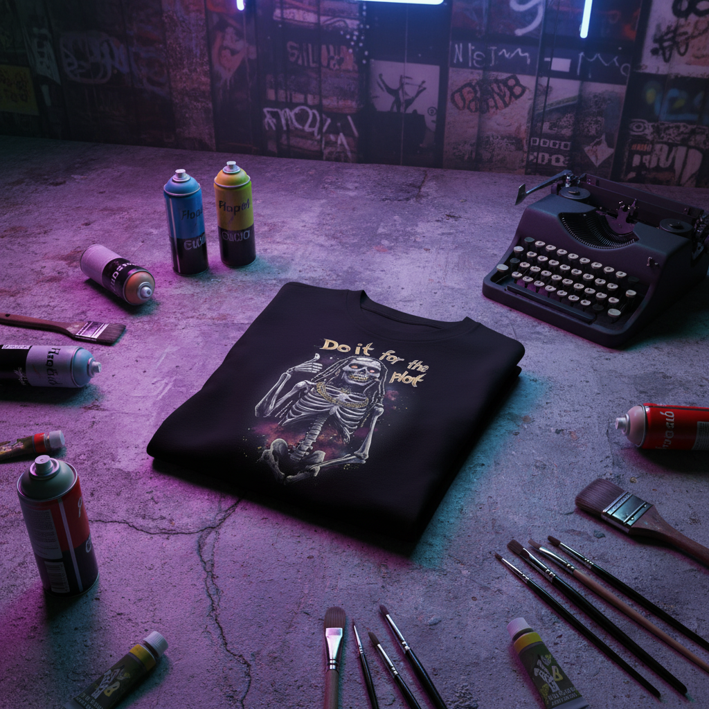 Neon-lit urban creative scene with spray cans and typewriter