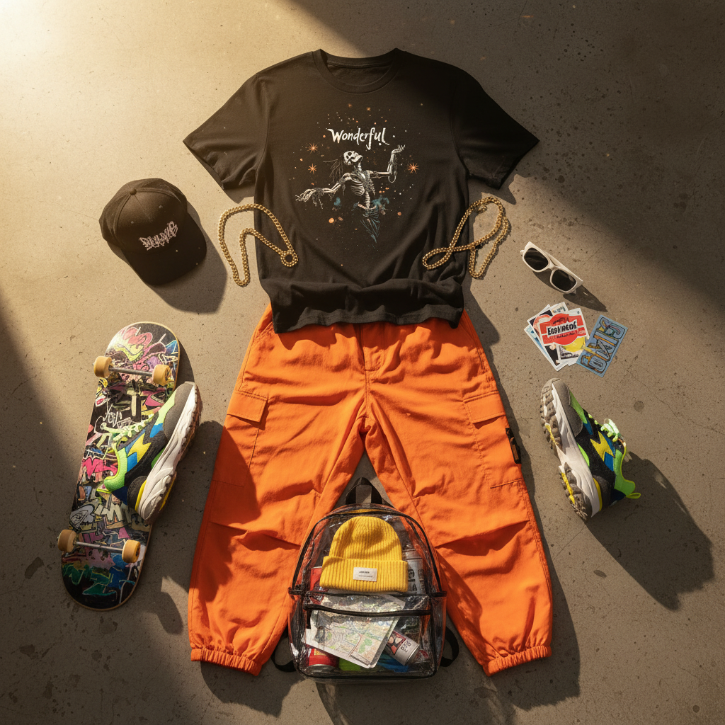 Orange parachute pants streetwear flat lay
