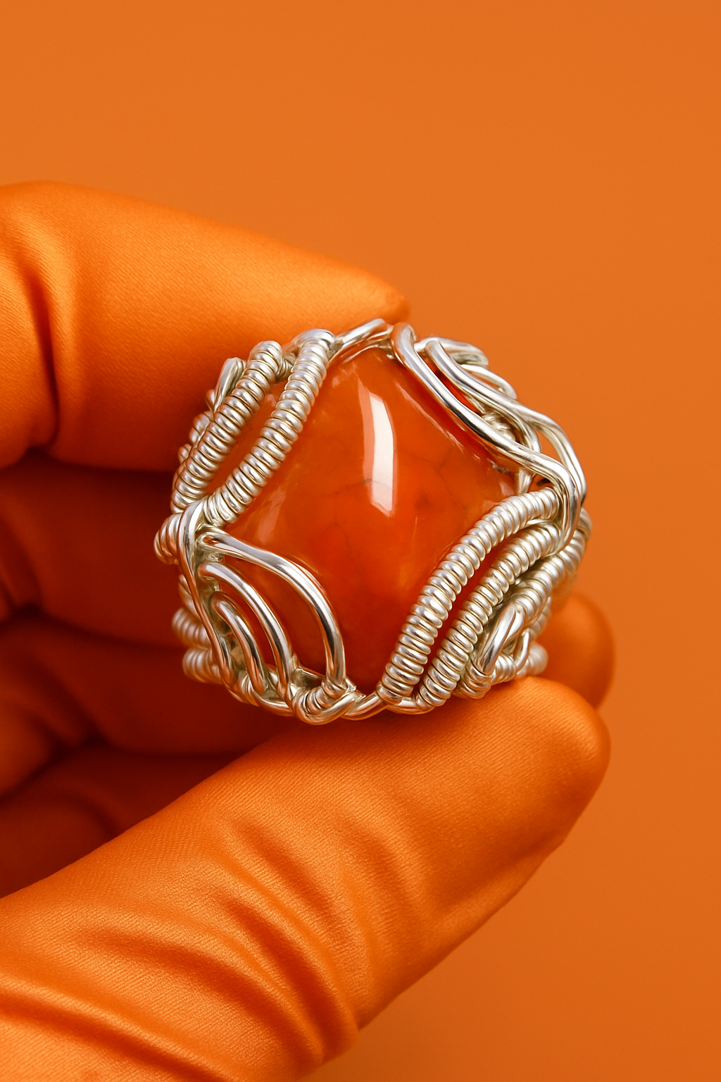 Orange silk glove with orange background - exact carnelian design
