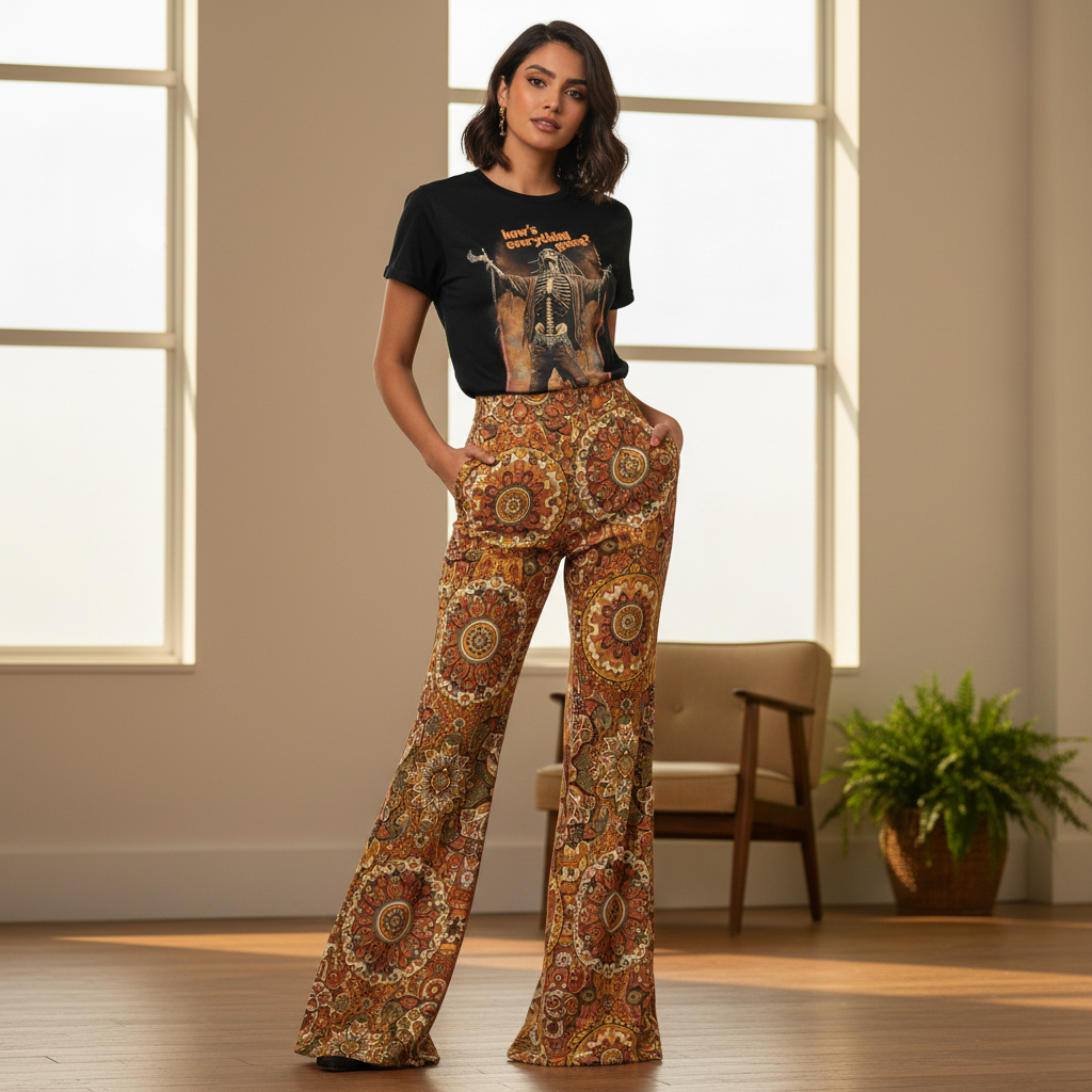 Studio shot with medallion patterned wide leg trousers
