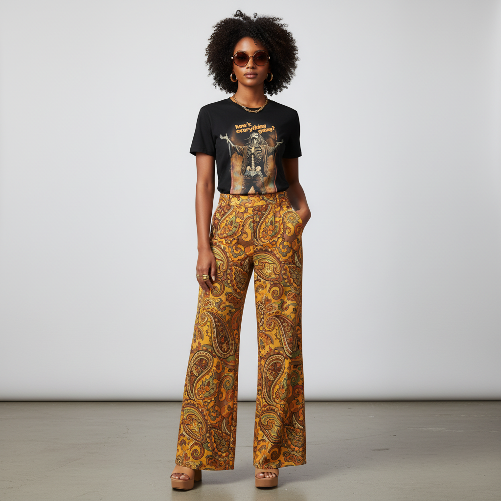 Studio shot with paisley patterned wide leg trousers