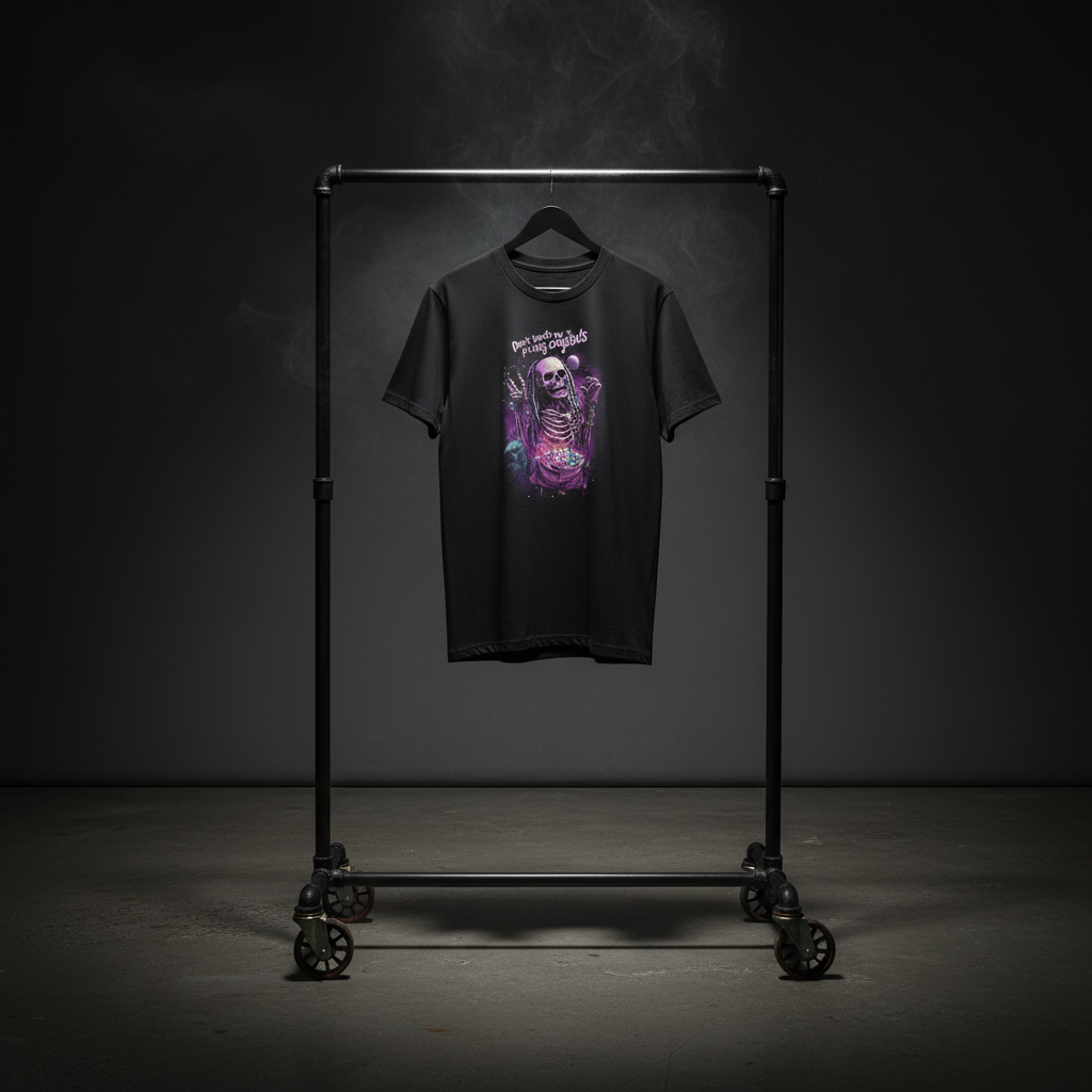 T-shirt hanging on industrial rack with dramatic lighting