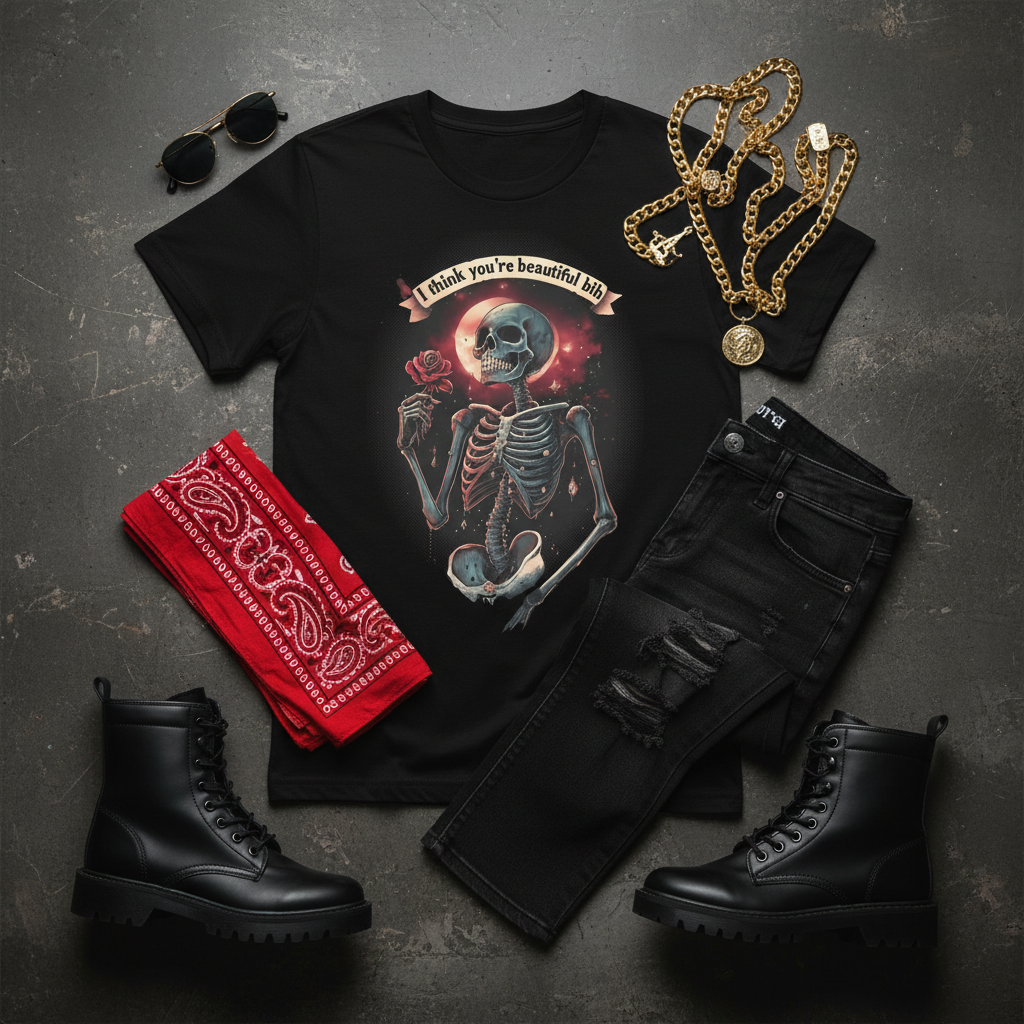 Urban streetwear flat lay with chains and combat boots
