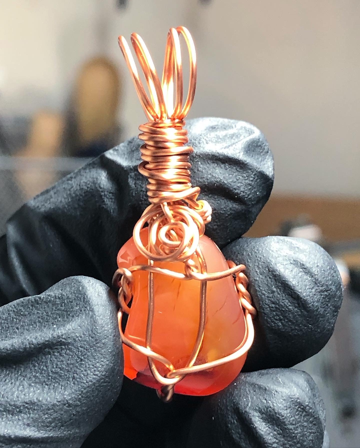 Carnelian Banded Agate & Copper Wire Wrapped Pendant - Natural