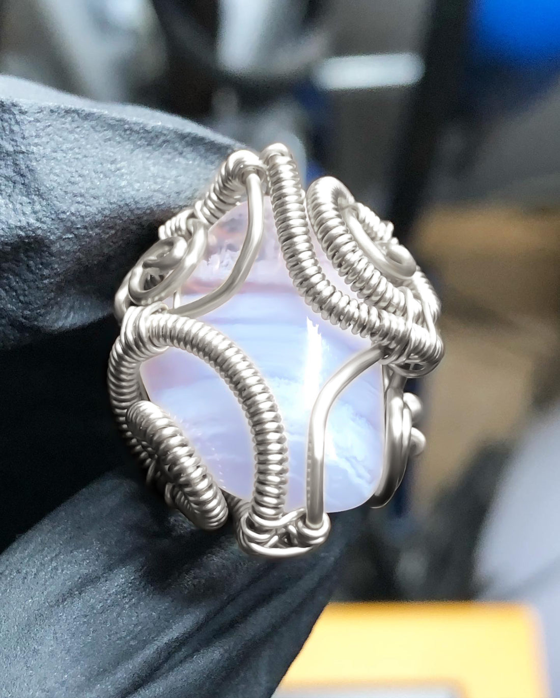 Blue Lace Agate Sterling Silver Ring - Dragon Style - Premium