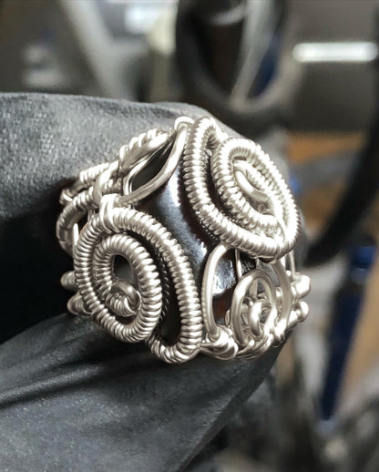 Black Tourmaline Sterling Silver Ring - Dragon Style